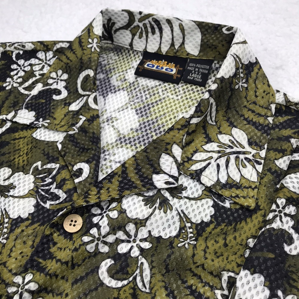 VTG ODO Hawaiian Shirt Mens L Green Floral  Palm Leaves VENTED Aloha Camp Island